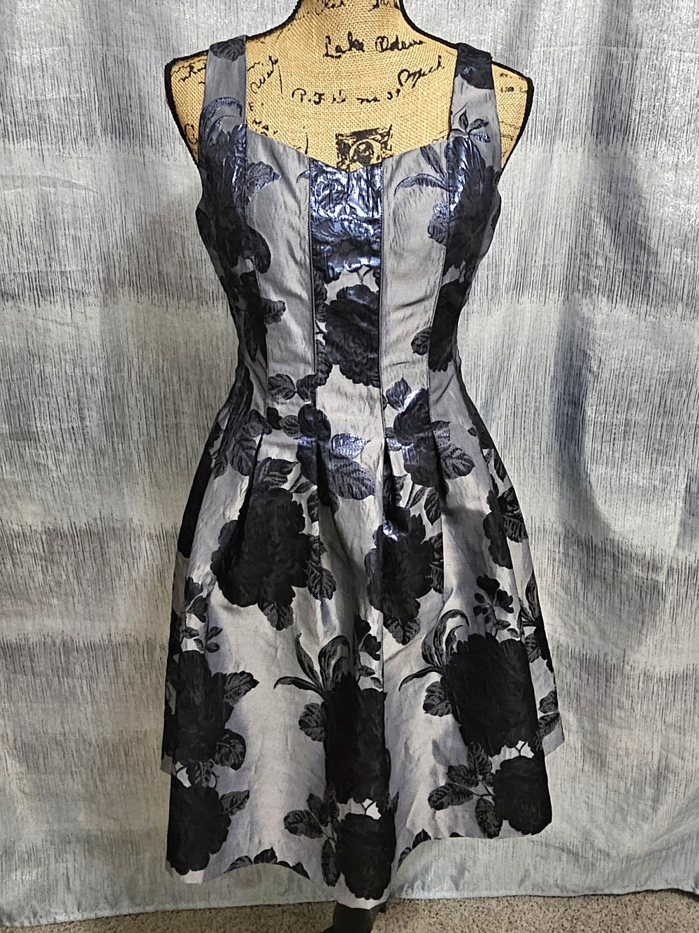 Ivanka Trump Silver Blue and Black Floral Midi Fit-and-Flare Dress